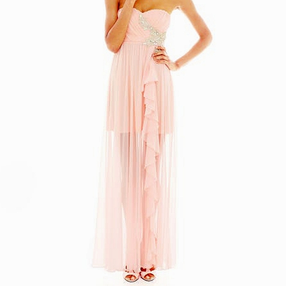 Strapless Applique Ruffle-Front Long Dress, by MyMichelle